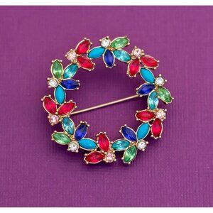 Vintage Floral Multicolor Rhinestone Gold Tone Brooch by Avon - Q12